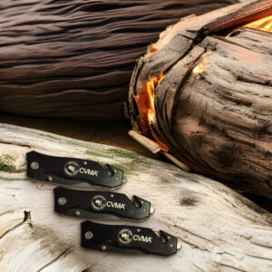 CVMA Survivor Knife in Auxiliary, Supporter and Full Member engravings on driftwood logs
