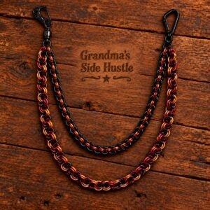 Double Wallet Chain No. 2, two strand handwoven chainmail wallet chain in red, copper and black with a skull head swivel clip and carabiner