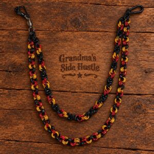 Double Wallet Chain No. 4, two strand handwoven chainmail wallet chain in red, gold and black with a skull head swivel clip and carabiner