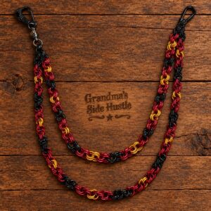 Double Wallet Chain No. 5, two strand handwoven chainmail wallet chain in red, black and gold with a skull head swivel clip and carabiner