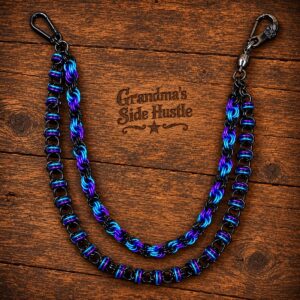 Double Wallet Chain No. 6, two strand handwoven chainmail wallet chain in blue, purple and black with a skull head swivel clip and carabiner