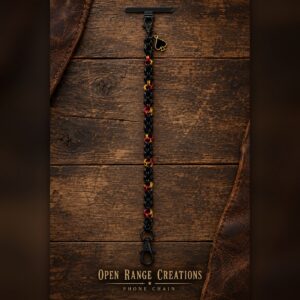 Black with Red and Gold Accents chainmail phone chain with a black and gold spade charm