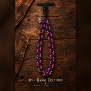 Pink, Purple and Black chainmail phone wristlet with a lavender crystal charm