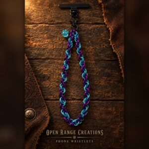 Purple and Aqua chainmail phone wristlet with a blue crystal charm