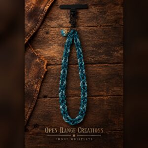 Teal and Light Blue chainmail phone wristlet with a blue crystal charm