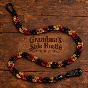 Wallet Chain No. 2, handwoven red, gold and black chainmail wallet chain with a black skull swivel clip and carabiner