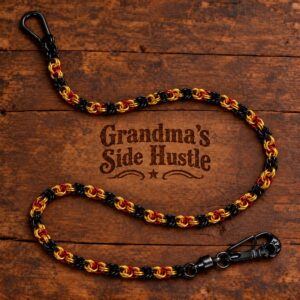 Wallet Chain No. 4, handwoven red, gold and black chainmail wallet chain with a black skull swivel clip and carabiner