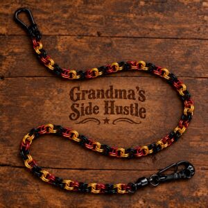 Wallet Chain No. 6, handwoven red, gold and black chainmail wallet chain with a black skull swivel clip and carabiner