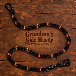 Wallet Chain No. 7, handwoven red, gold and black chainmail wallet chain with a black skull swivel clip and carabiner